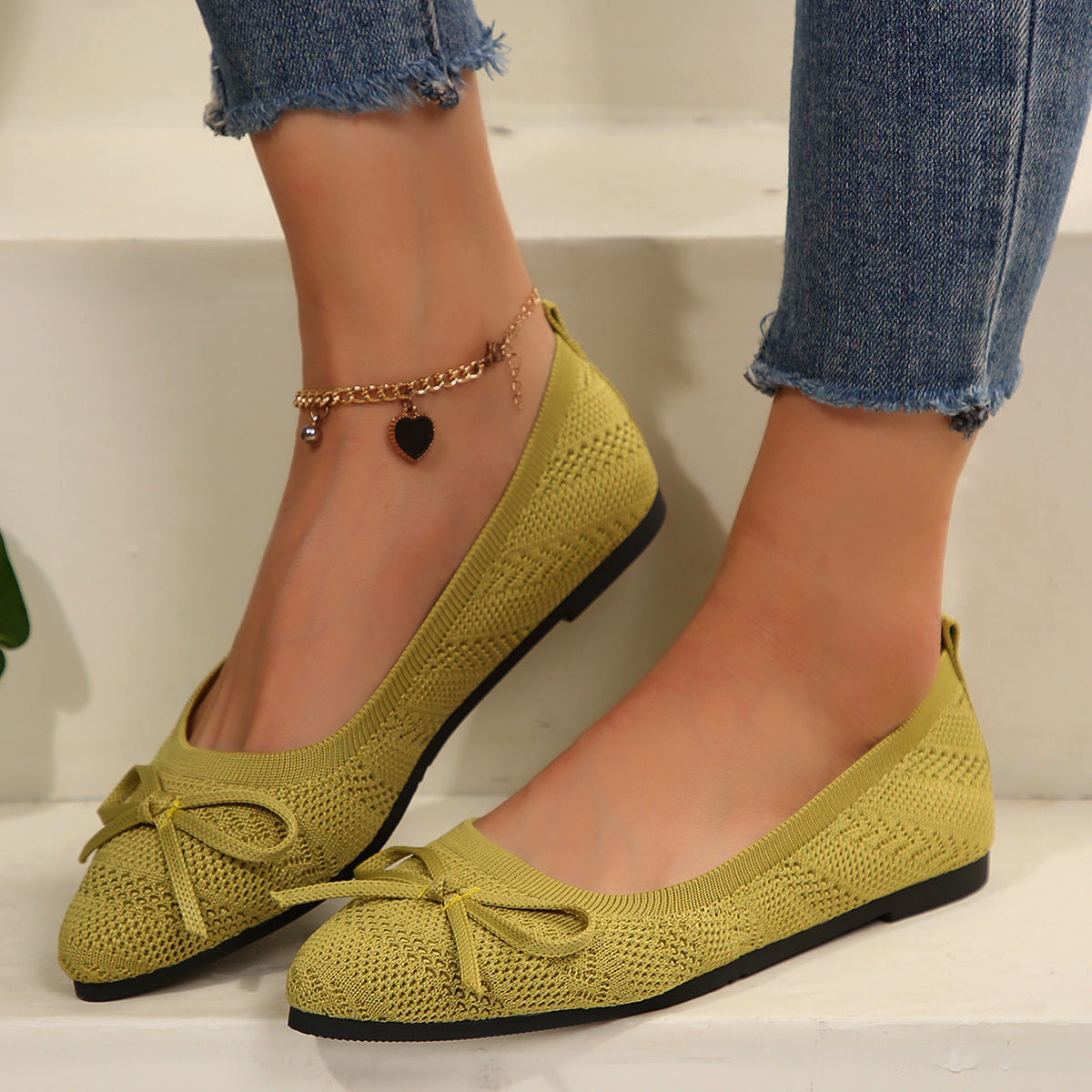 Bow Knitted Loafers Ins Fashion Pointed-toed Flats Shoes For Women - Bests Sale