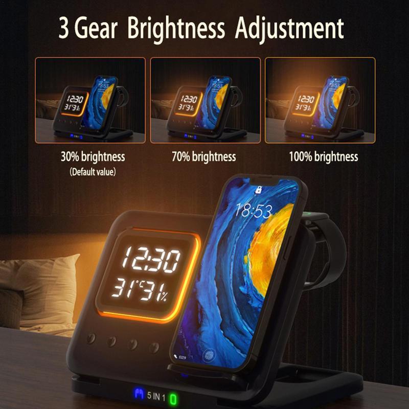 15W Wireless Chargers Stand 5 In1 LED Digital Alarm Clock Fast Charging Dock Station Coffee Jasper