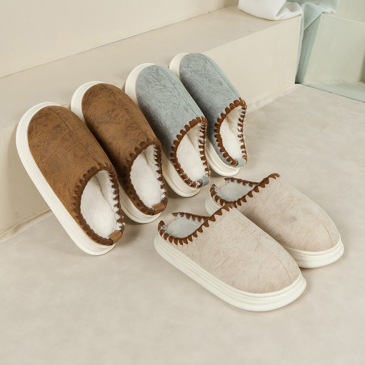 Winter Fashion Cotton Slippers With Sewing-side Design Indoor Non-slip Bedroom Floor Plush Slipper House Shoes Women Couple - Bests Sale