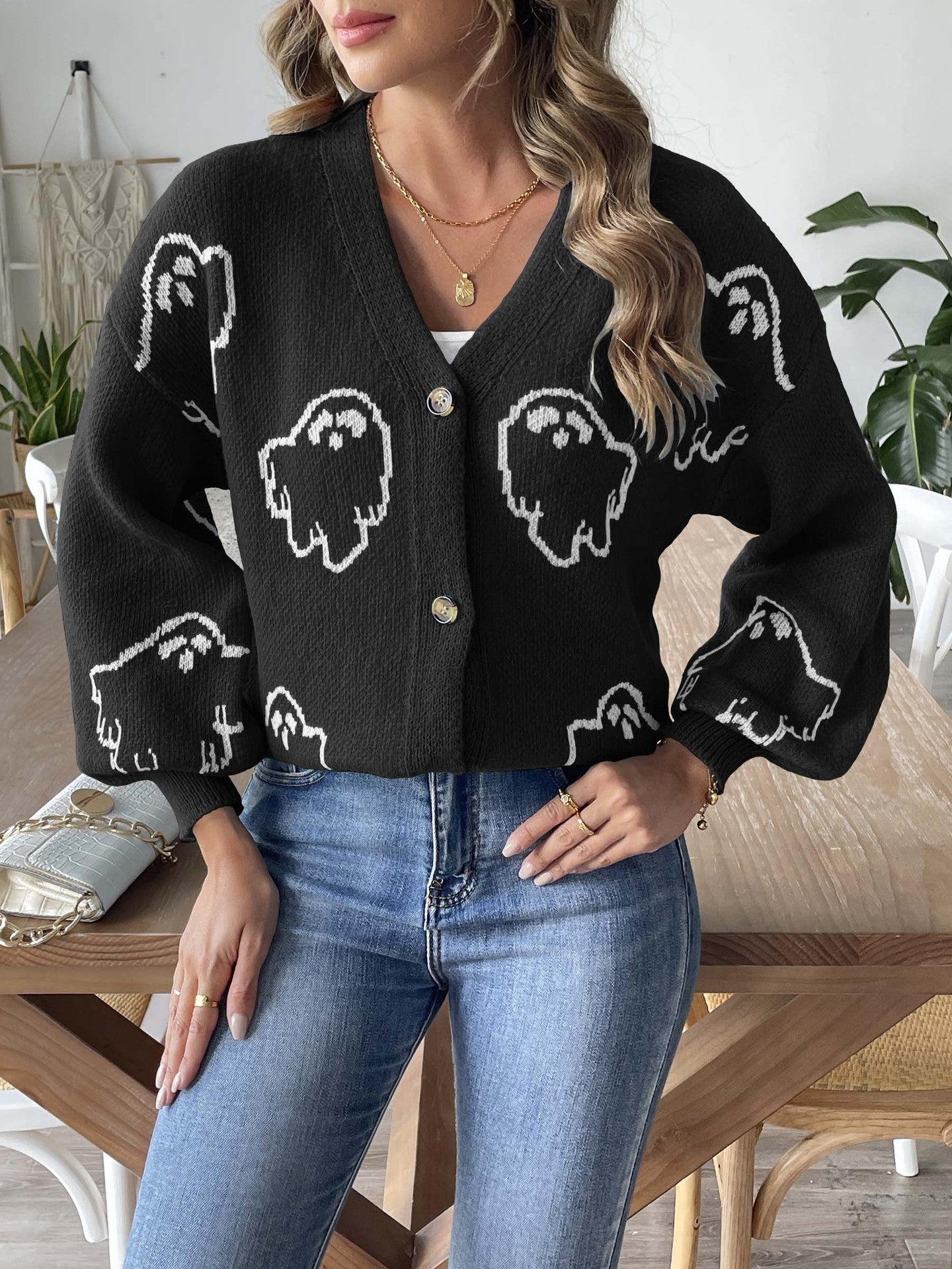 Halloween Sweater Coat Women's Loose Casual Button Sweater Bests Sale