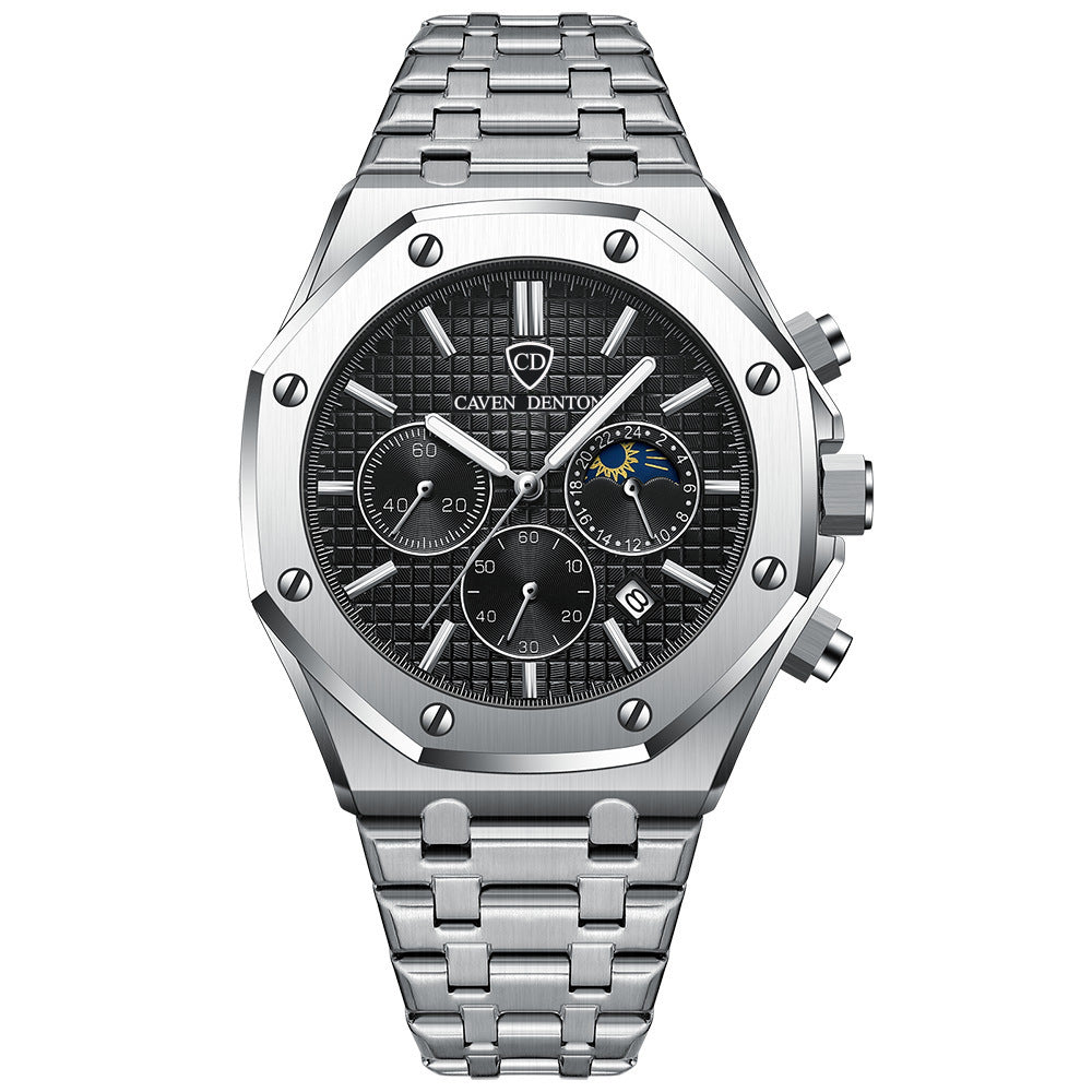 Waterproof High-grade Three Eyes And Six Needles Multi-functional Moon Phase Men's Steel Strap Watch Bests Sale