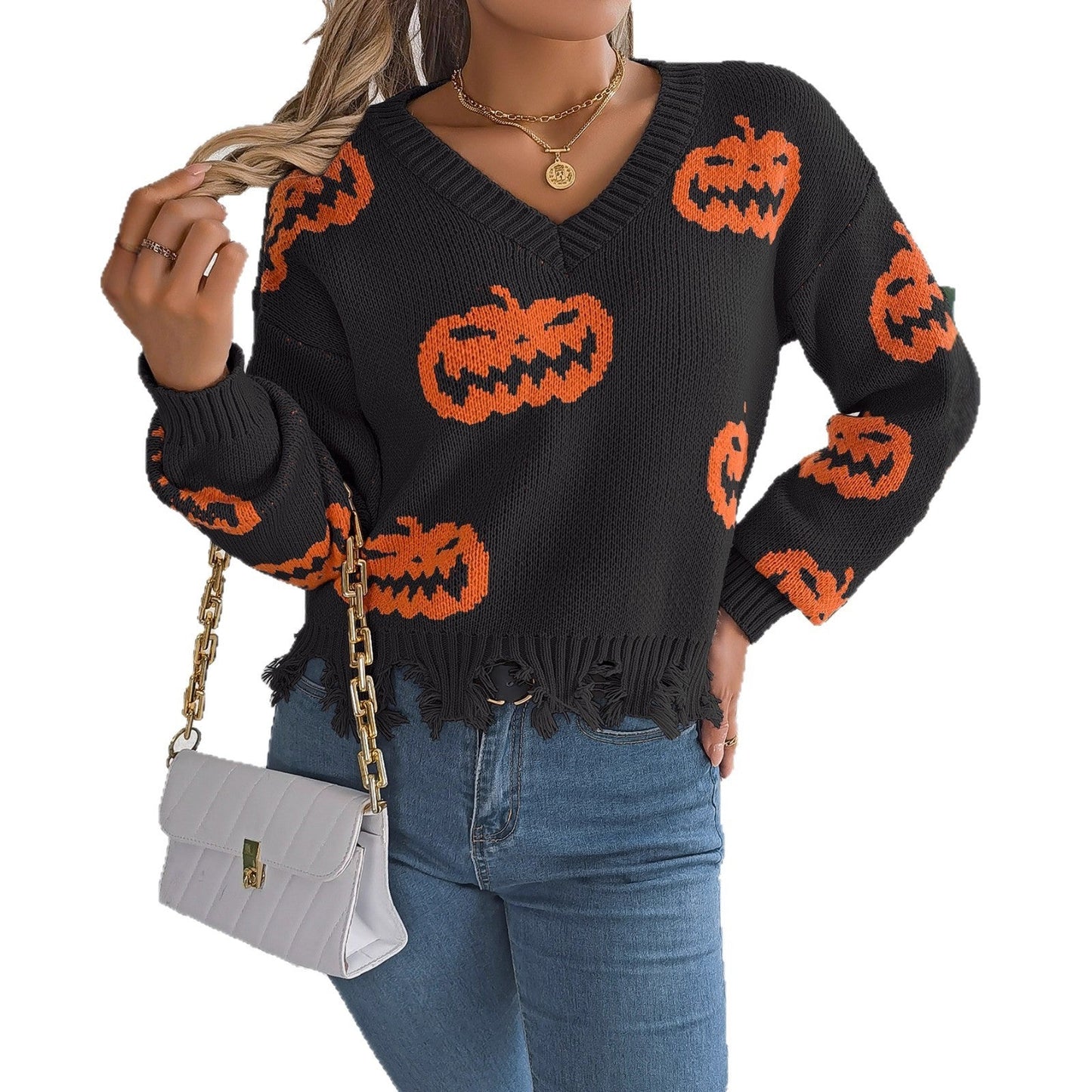 Halloween Contrast Color Pumpkin Cut Long Sleeve Sweater Bests Sale