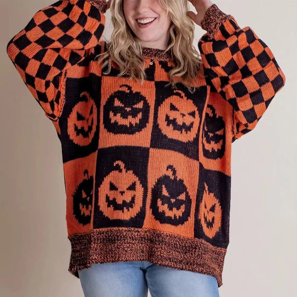 Halloween Cartoon Ghost And Checkerboard Print Pullover Sweater Autumn And Winter Loose Long-sleeved Knitted Tops For Women Bests Sale