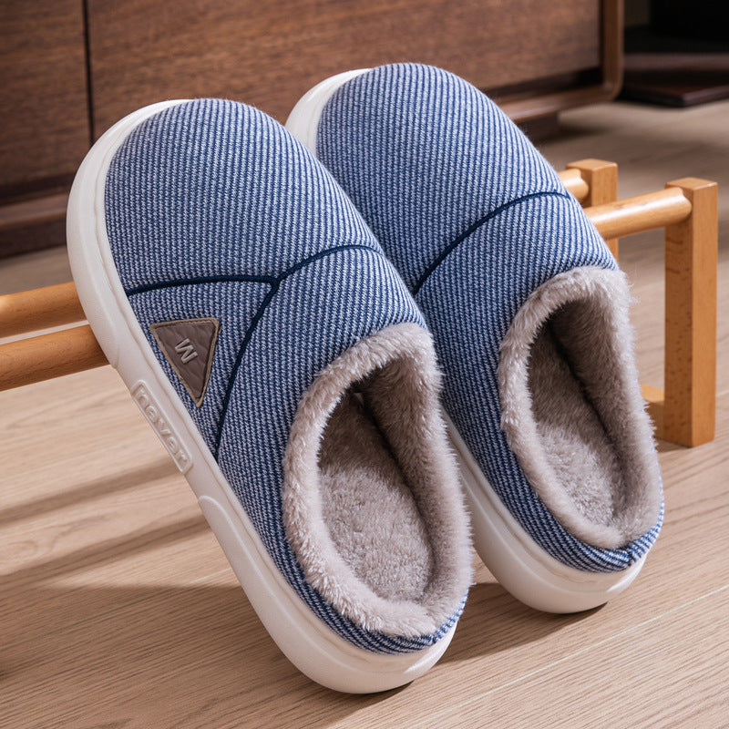 Solid Striped Home Slippers Winter Warm Fleece Shoes Men Indoor Bedroom Floor Plush Slippers For Women Couple - Bests Sale