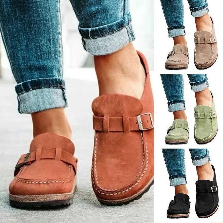 Frosted Suede Round Head Belt Buckle One Pedal Flat Comfortable Foam Bottom Slippers - Bests Sale