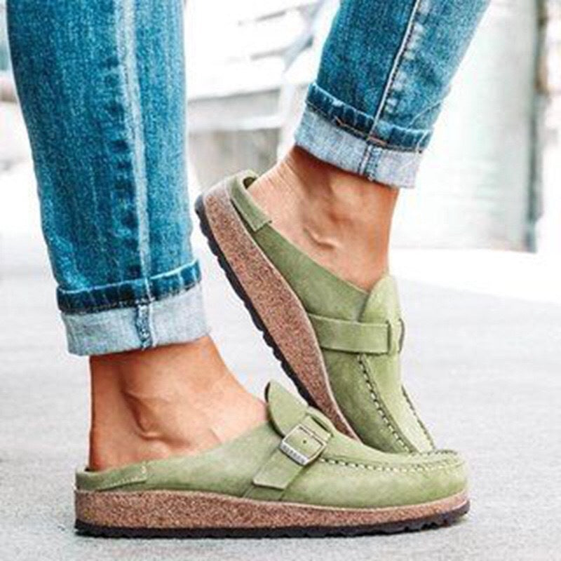 Frosted Suede Round Head Belt Buckle One Pedal Flat Comfortable Foam Bottom Slippers - Bests Sale