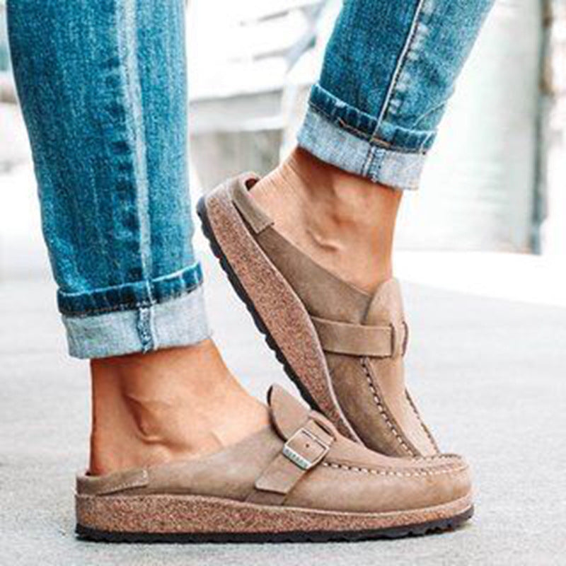 Frosted Suede Round Head Belt Buckle One Pedal Flat Comfortable Foam Bottom Slippers - Bests Sale