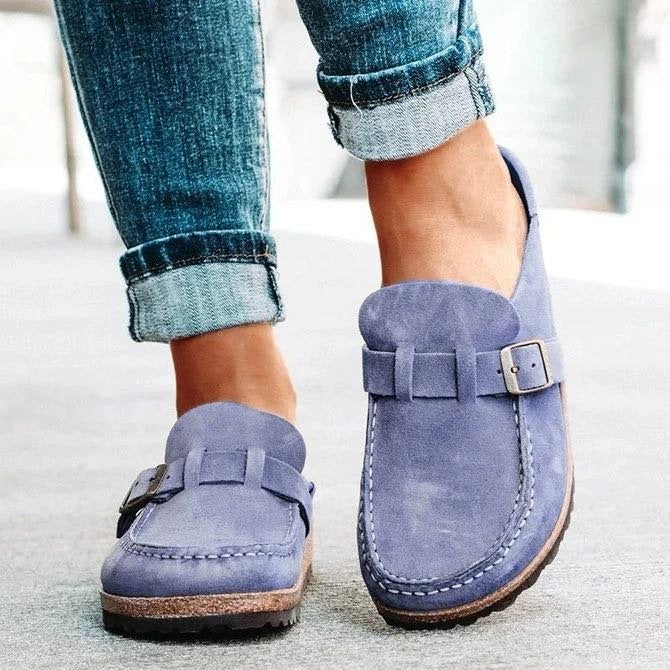 Frosted Suede Round Head Belt Buckle One Pedal Flat Comfortable Foam Bottom Slippers - Bests Sale