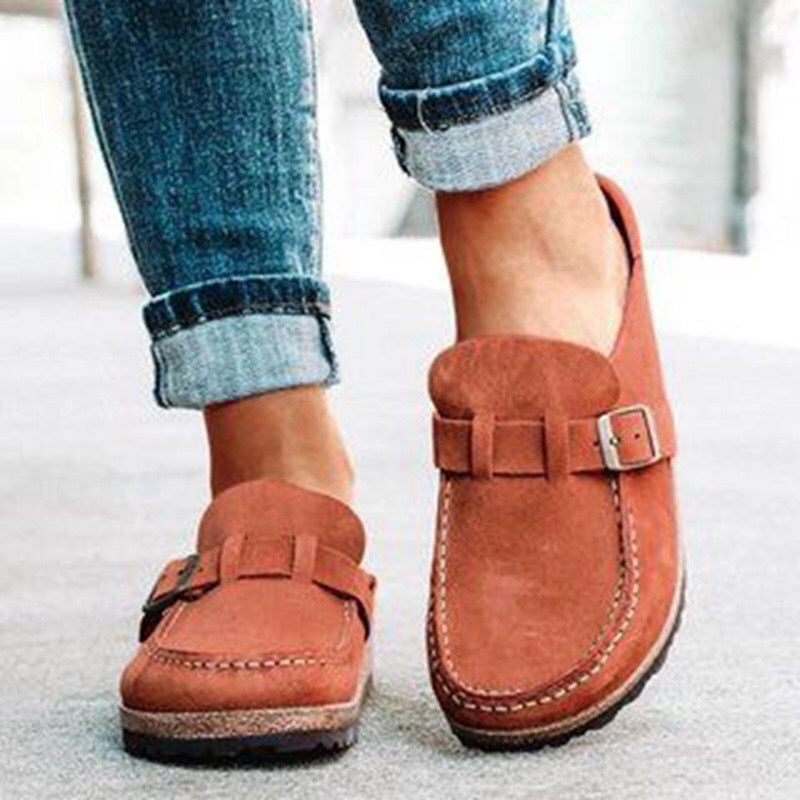 Frosted Suede Round Head Belt Buckle One Pedal Flat Comfortable Foam Bottom Slippers - Bests Sale