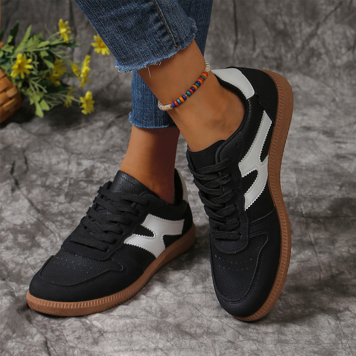 New Colorblock Lace-up Flats Shoes Fashion Round Toe Slip On Casual Shoes For Women - Bests Sale