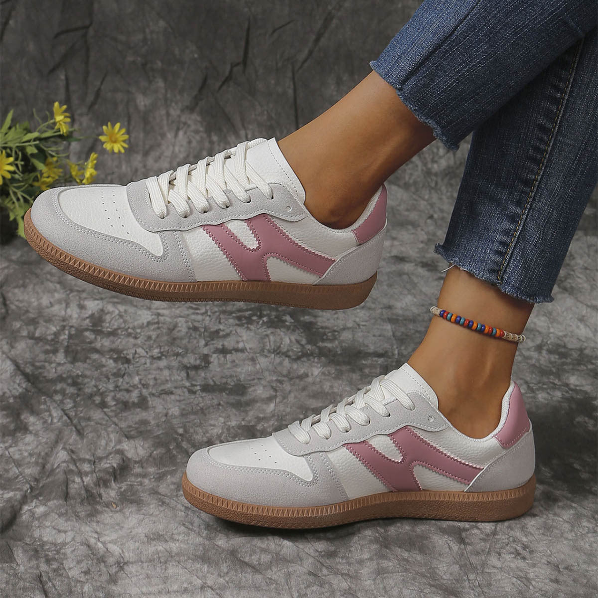 New Colorblock Lace-up Flats Shoes Fashion Round Toe Slip On Casual Shoes For Women - Bests Sale