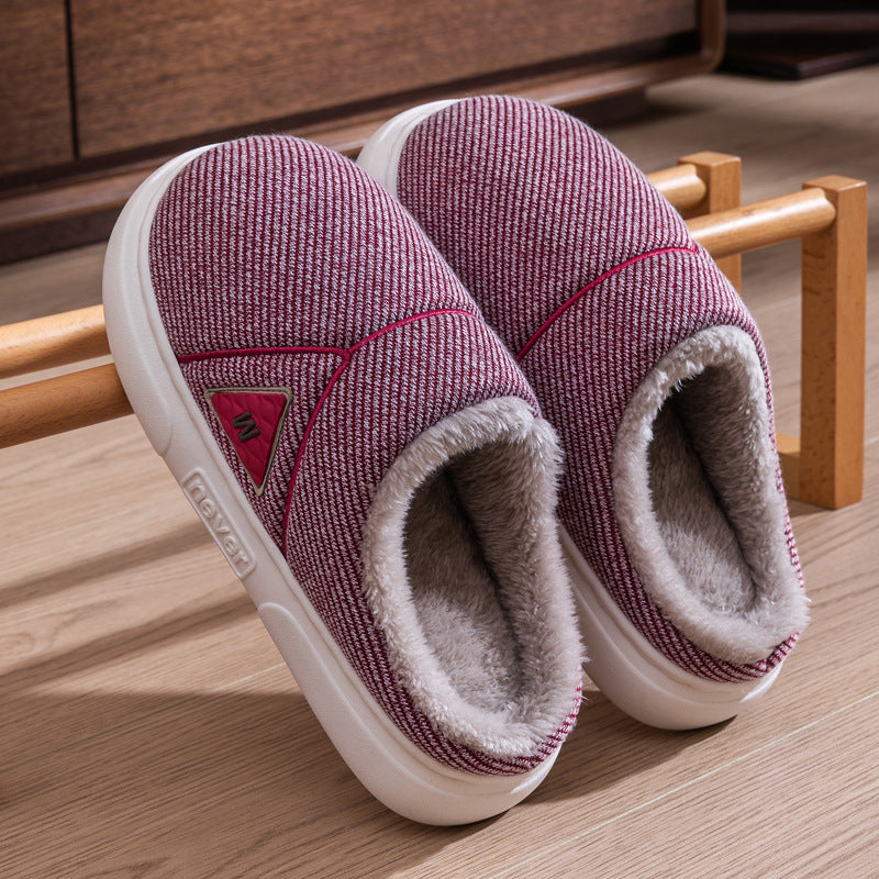 Solid Striped Home Slippers Winter Warm Fleece Shoes Men Indoor Bedroom Floor Plush Slippers For Women Couple - Bests Sale