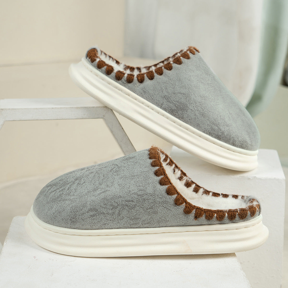 Winter Fashion Cotton Slippers With Sewing-side Design Indoor Non-slip Bedroom Floor Plush Slipper House Shoes Women Couple - Bests Sale