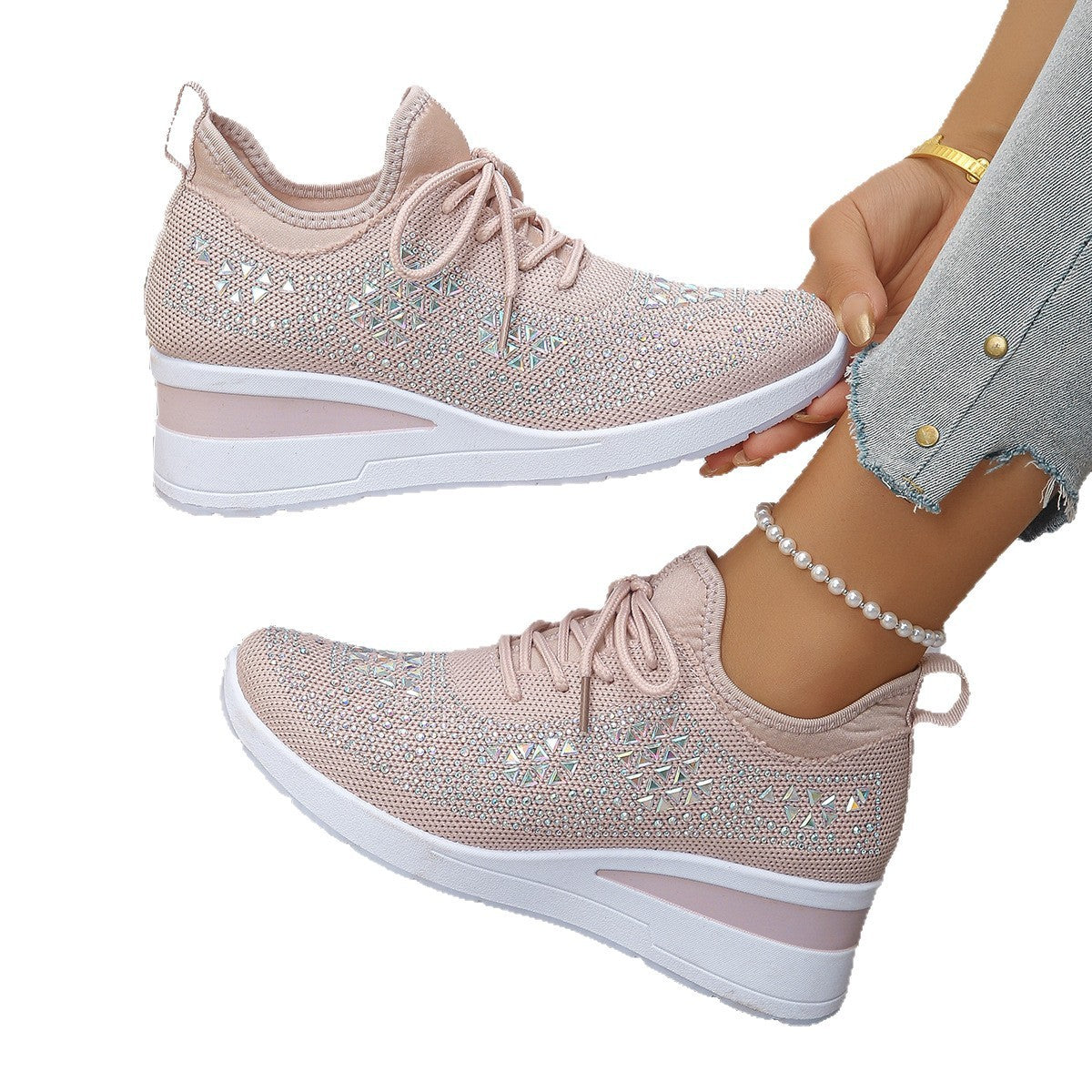Rhinestone Lace Up Fashion Style Daily Commuter Women's Casual Shoes - Bests Sale
