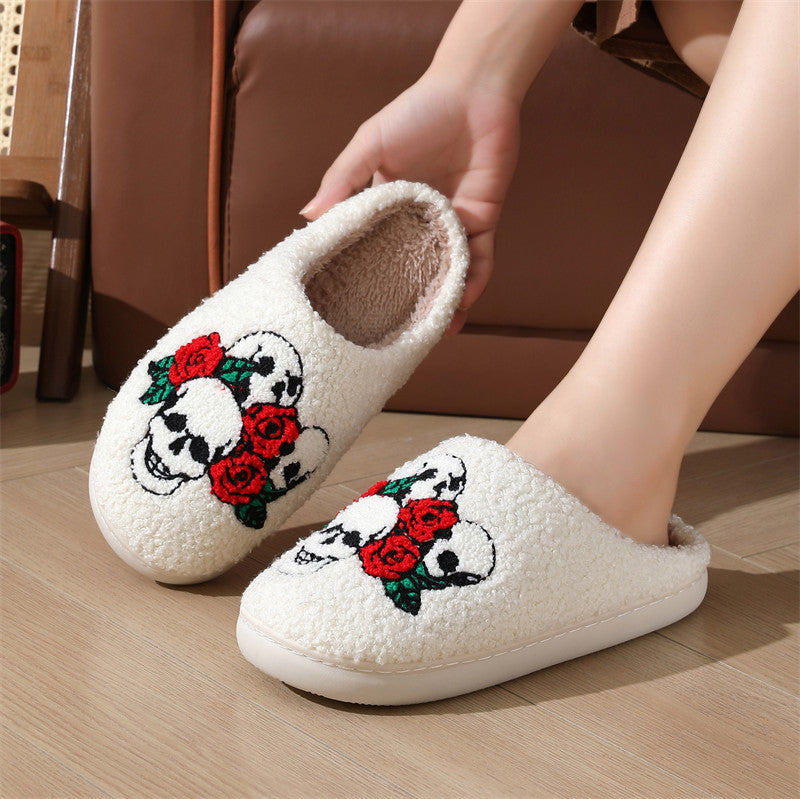 Halloween Skull Rose Slippers Winter Warm Indoor Floor Bedroom Home Slipper For Women Bests Sale