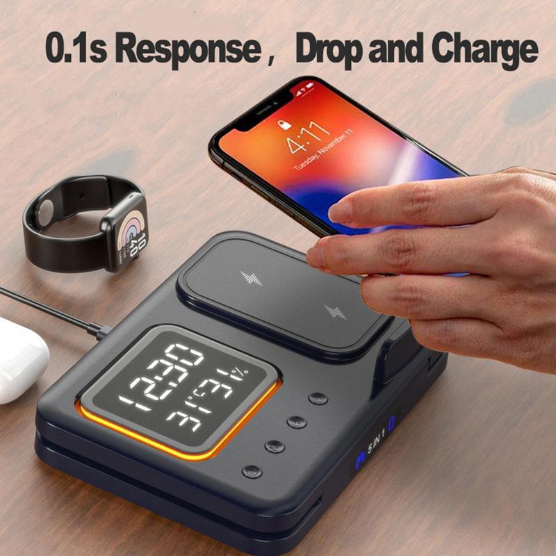 15W Wireless Chargers Stand 5 In1 LED Digital Alarm Clock Fast Charging Dock Station Coffee Jasper