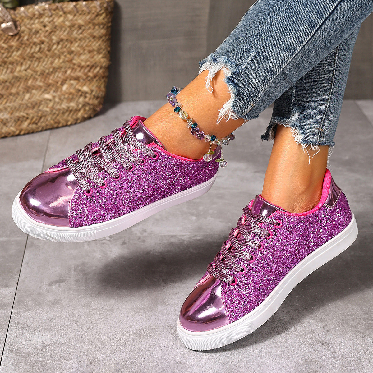 Plus Size Sequined Front Lace-up Solid Color Plus Size Board Shoes - Bests Sale