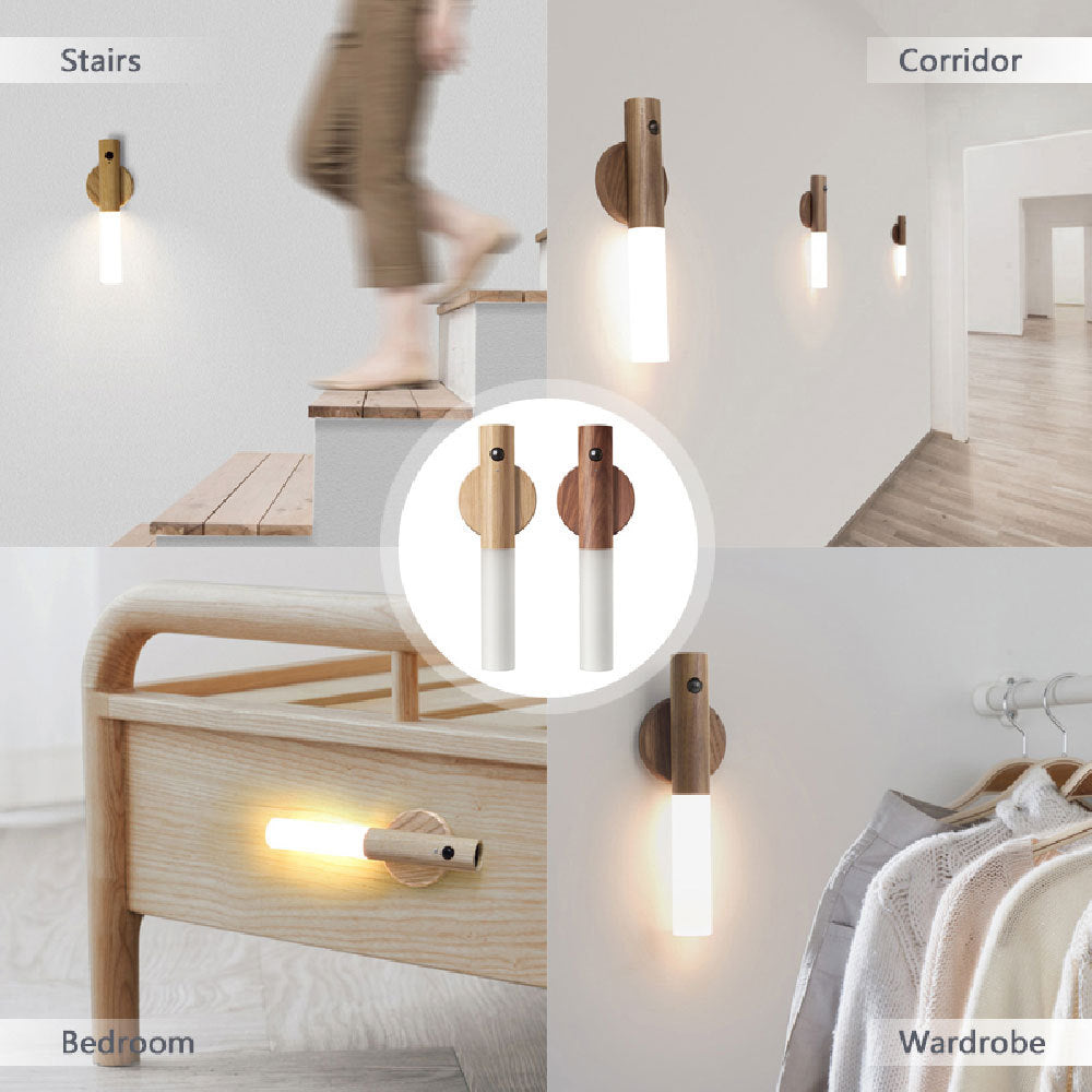 Auto LED USB Magnetic Wood Wireless Night Light Corridors Porch Lights PIR Motion Sensor Wall Light Cabinet Lamp Coffee Jasper
