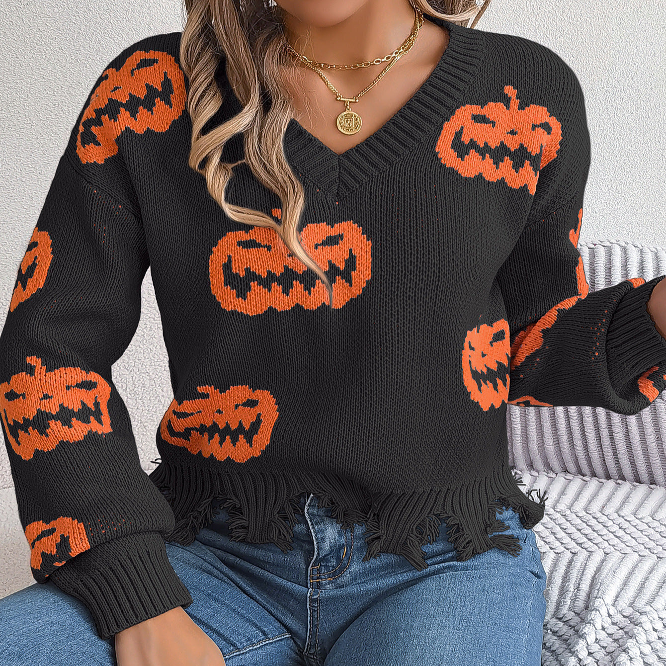 Halloween Contrast Color Pumpkin Cut Long Sleeve Sweater Bests Sale