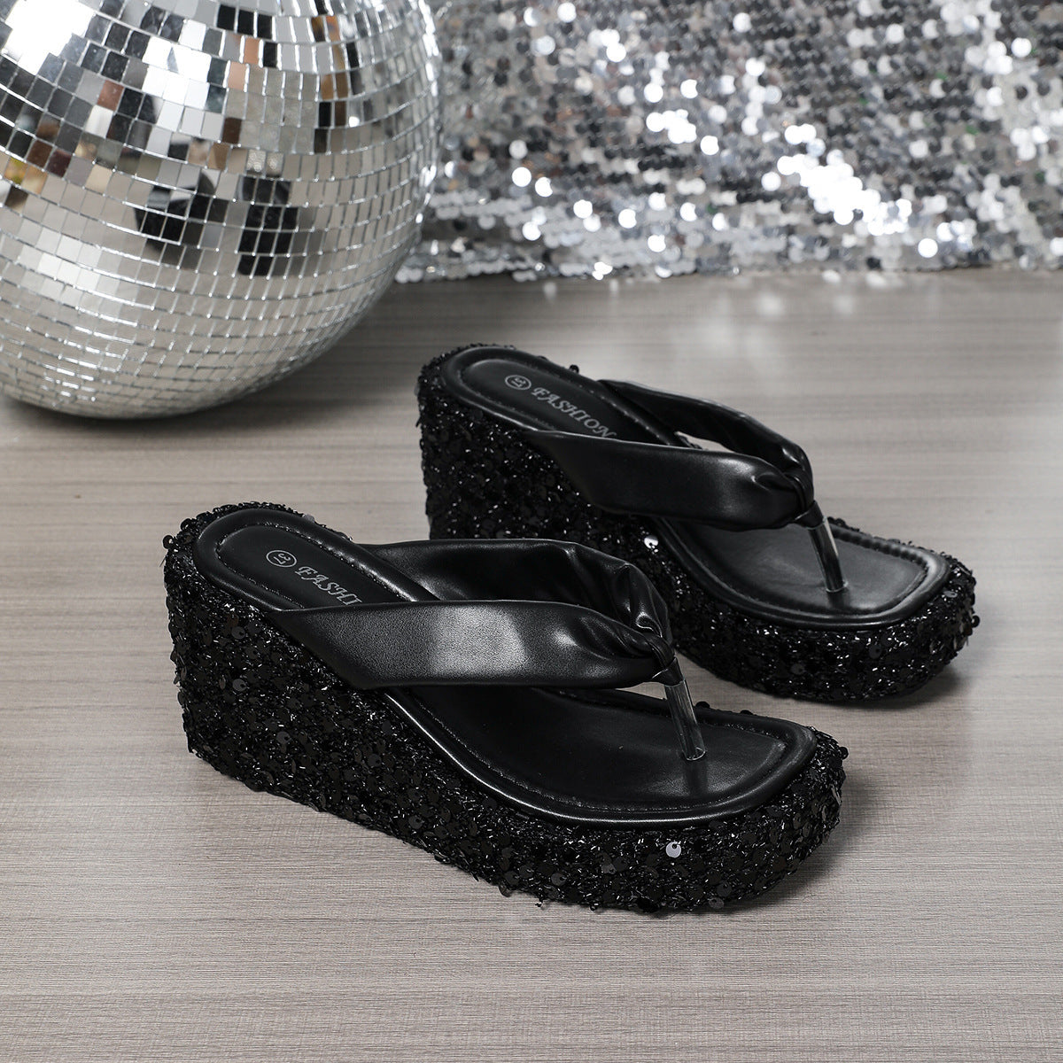 High Heels Wedge Sandals With Sequins Shiny Height Increasing Platform Flip Flops Women's Thick Bottom Shoes Beach Summer Bests Sale