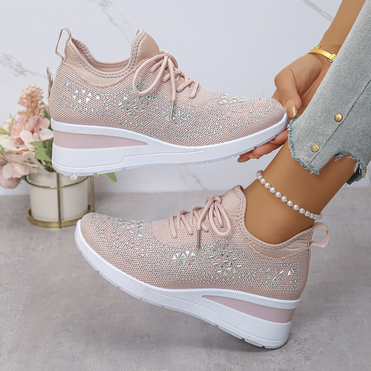 Rhinestone Lace Up Fashion Style Daily Commuter Women's Casual Shoes - Bests Sale