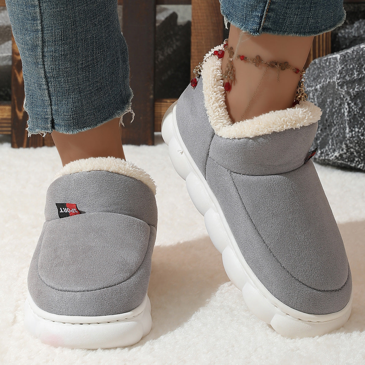 Winter Plush Cotton Shoes Women Men Warm Suede House Shoes For Parents Solid Color Thick-soled Garden Shoes Outdoor - Bests Sale
