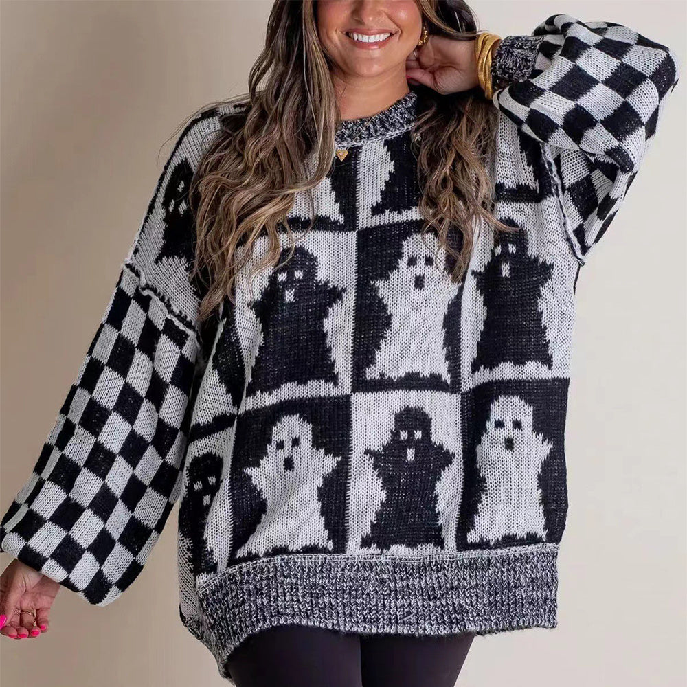 Halloween Cartoon Ghost And Checkerboard Print Pullover Sweater Autumn And Winter Loose Long-sleeved Knitted Tops For Women Bests Sale