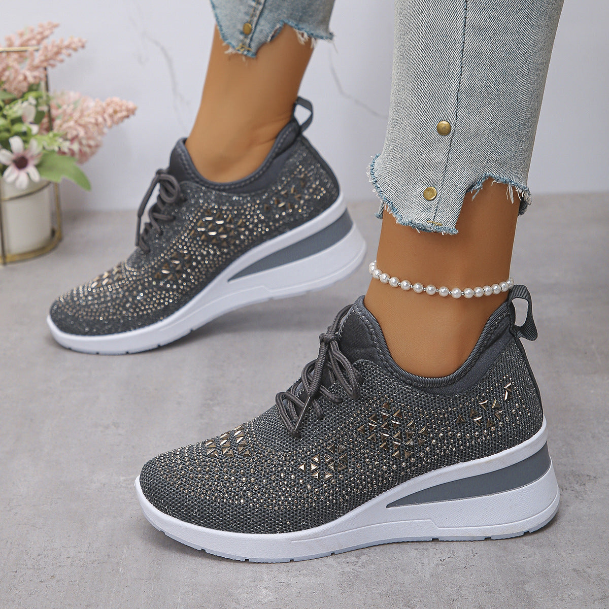 Rhinestone Lace Up Fashion Style Daily Commuter Women's Casual Shoes - Bests Sale