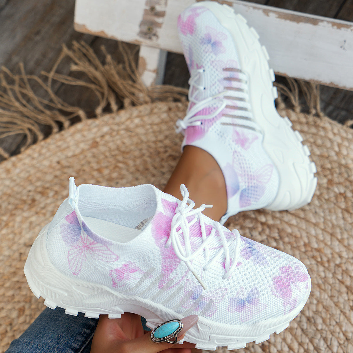 Butterfly Print Mesh Sneakers Women's Flat Heel Casual Shoes Fashion Running Jogging Walking Sports Shoes - Bests Sale