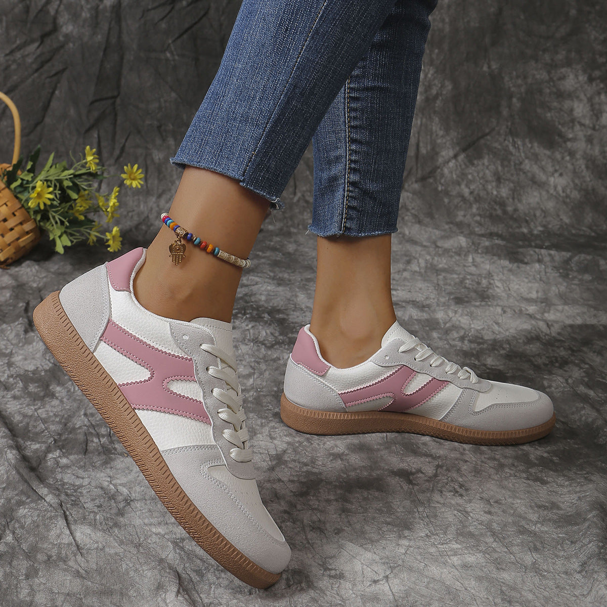 New Colorblock Lace-up Flats Shoes Fashion Round Toe Slip On Casual Shoes For Women - Bests Sale