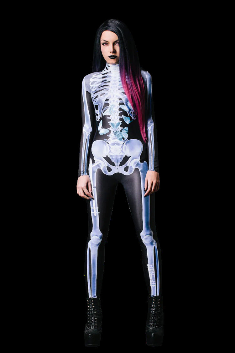 Halloween Long Sleeve Tights See-through Skeleton 3D Printed One-piece Bests Sale