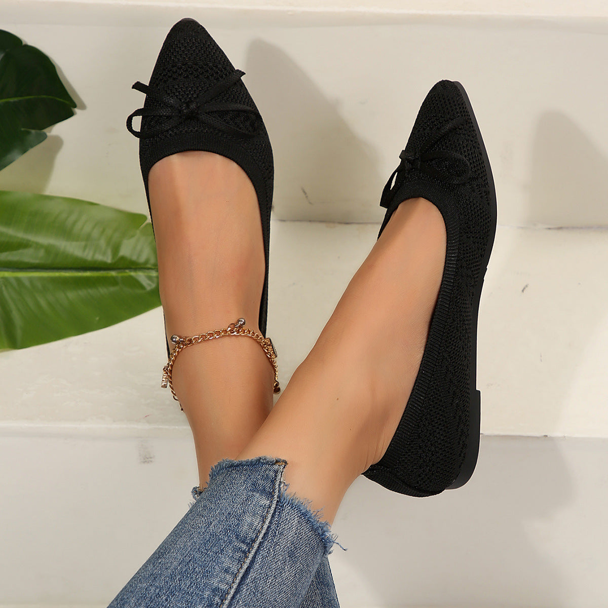Bow Knitted Loafers Ins Fashion Pointed-toed Flats Shoes For Women - Bests Sale