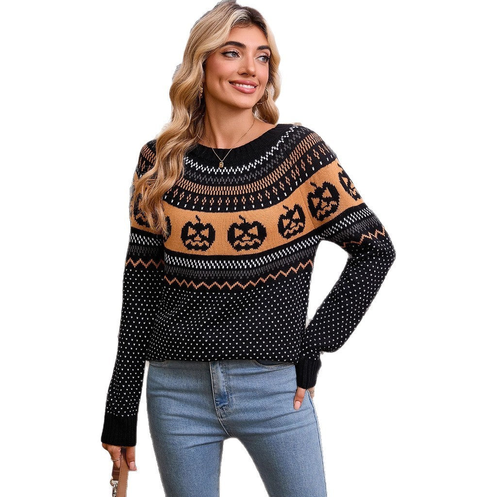 Women's Halloween Pumpkin Embroidered Retro Long-sleeved Sweater - Bests Sale