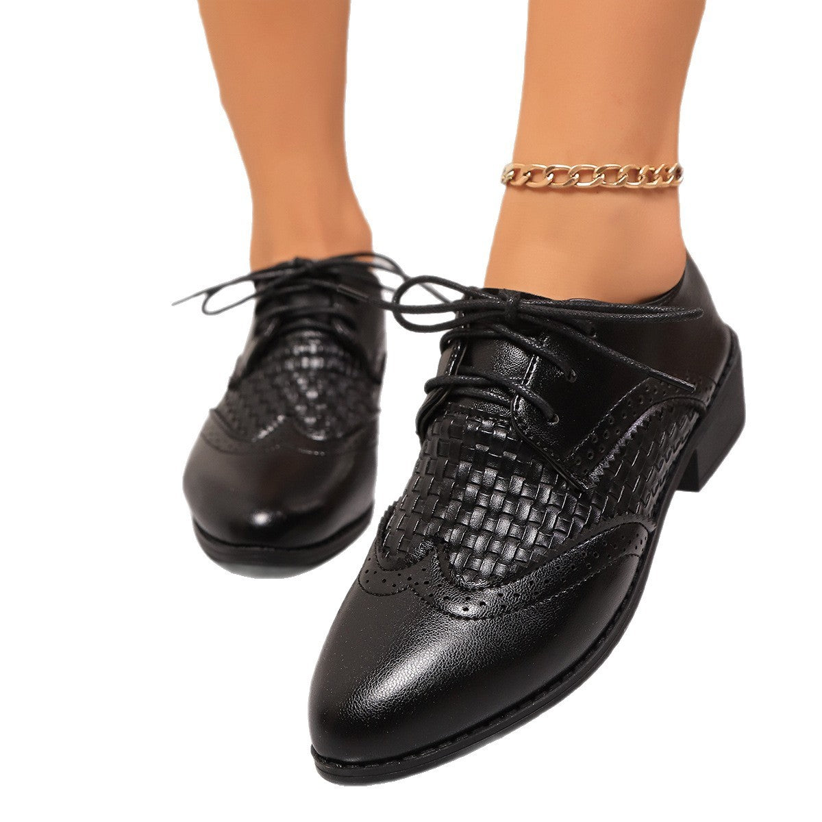 Retro Soft Leather Low Heel Brogue Lace-up Flat Pointed Pumps - Bests Sale