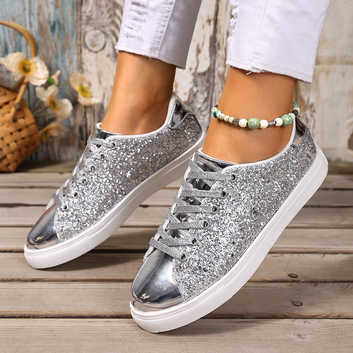 Plus Size Sequined Front Lace-up Solid Color Plus Size Board Shoes - Bests Sale