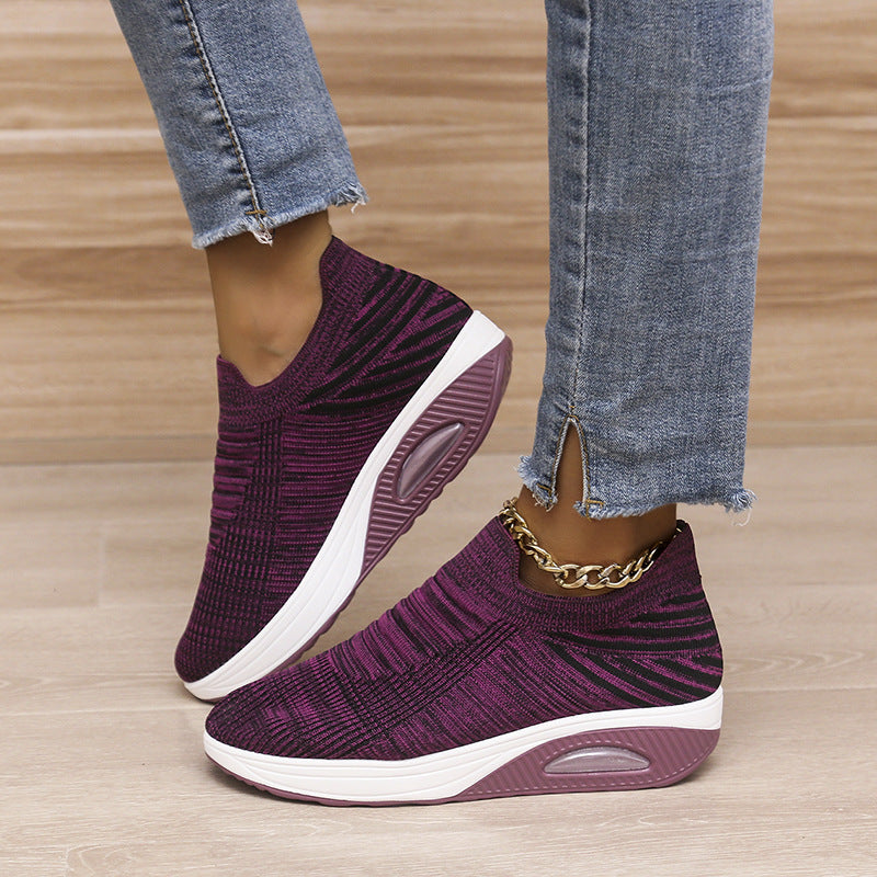 New Stripe Design Mesh Shoes Fashion Slip On Air Cushion Shoes Breathable Round-toe Flats Women - Bests Sale