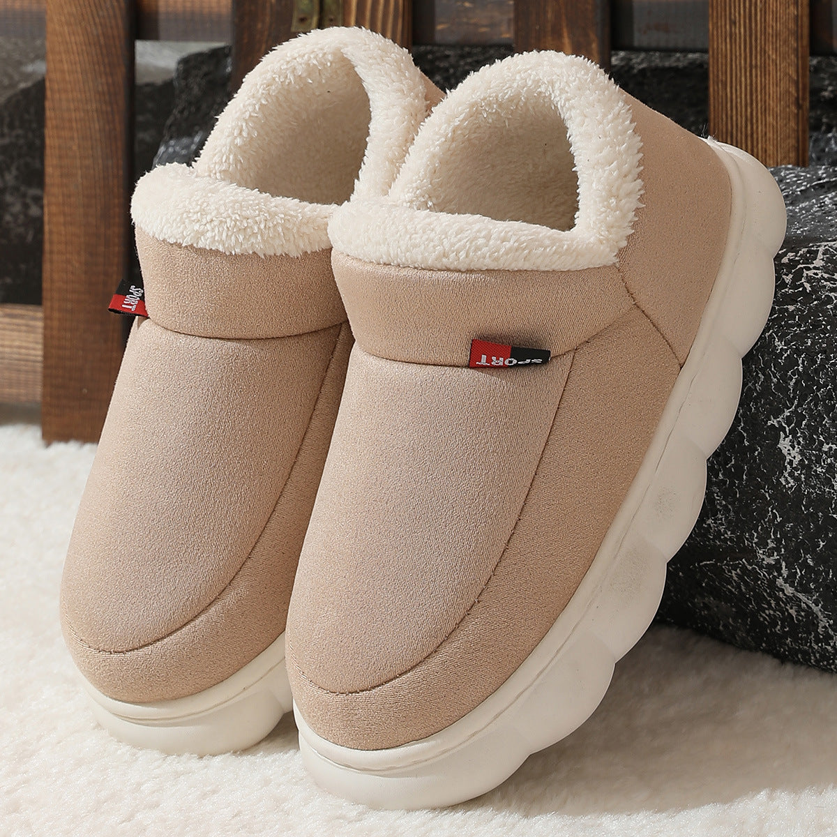 Winter Plush Cotton Shoes Women Men Warm Suede House Shoes For Parents Solid Color Thick-soled Garden Shoes Outdoor - Bests Sale
