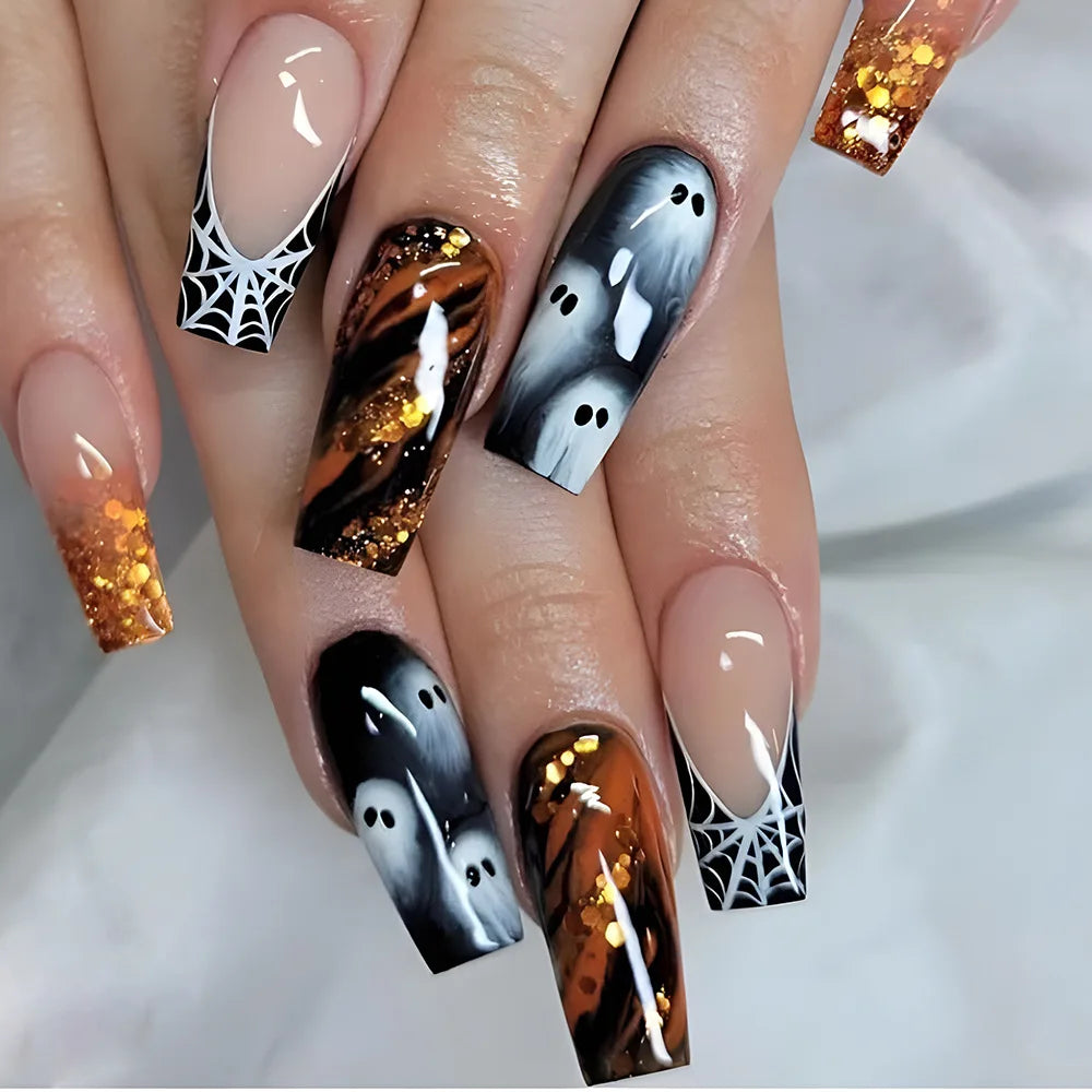 24 uñas postizas negras con diseño de telaraña fantasma, decoración en almendra, uñas postizas para usar en fiestas de Halloween.