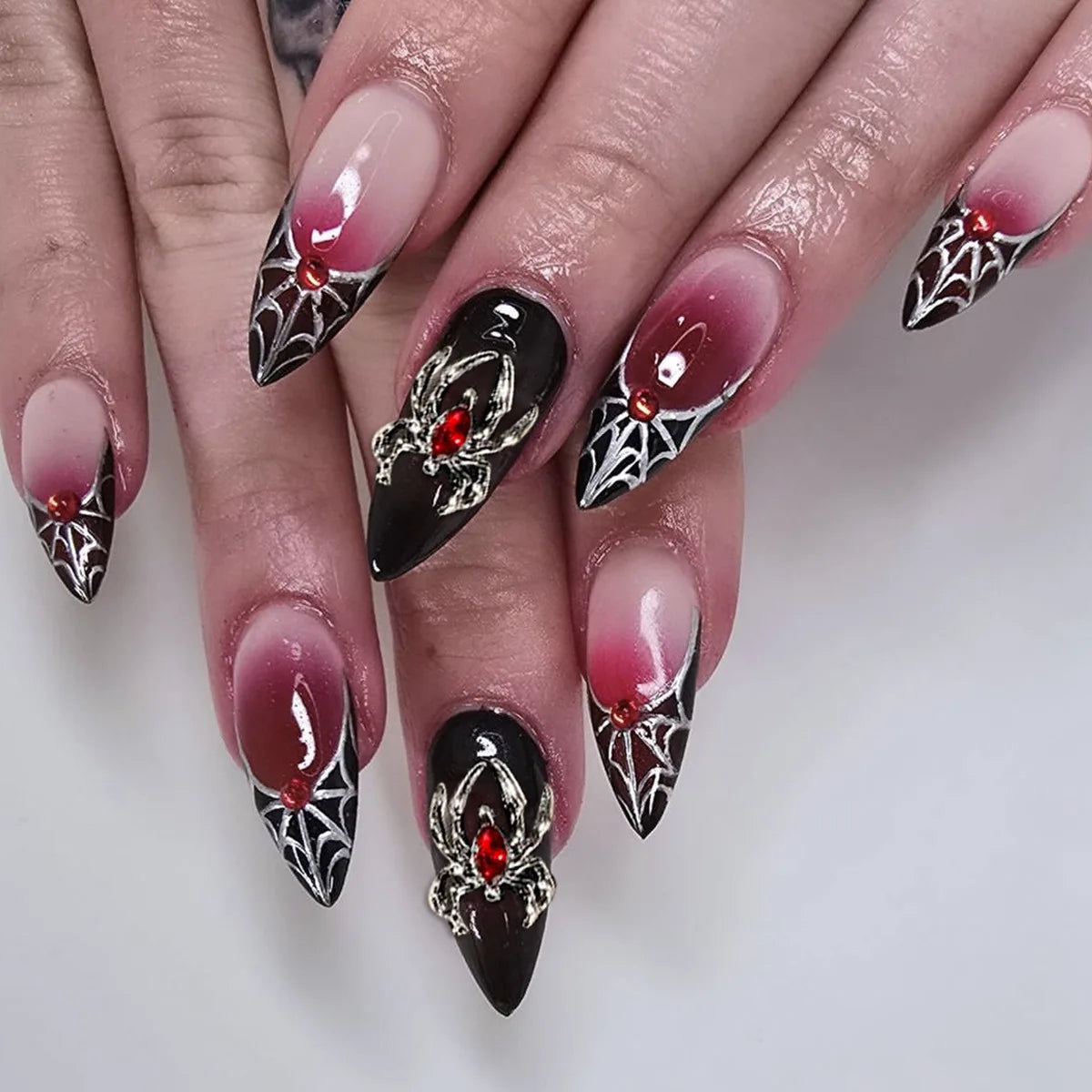 24pcs Halloween Press on Nails Green Cat's Eye Long Almond False Nails with Spider Bat Design Fake Nail Sets Detachable Manicure
