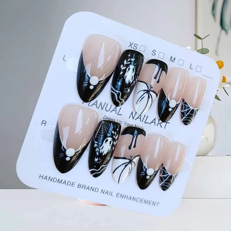 10Pcs Halloween Short Almond Shape Atmosphere Clown Black and White Ghost Spider Press on Nails Nail Patch False Nails Nails Art