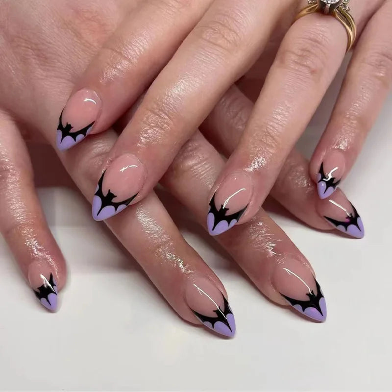 24 uñas postizas negras con diseño de telaraña fantasma, decoración en almendra, uñas postizas para usar en fiestas de Halloween.