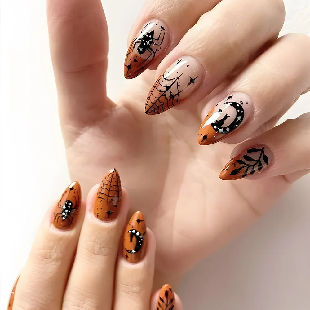 24 uñas postizas negras con diseño de telaraña fantasma, decoración en almendra, uñas postizas para usar en fiestas de Halloween.