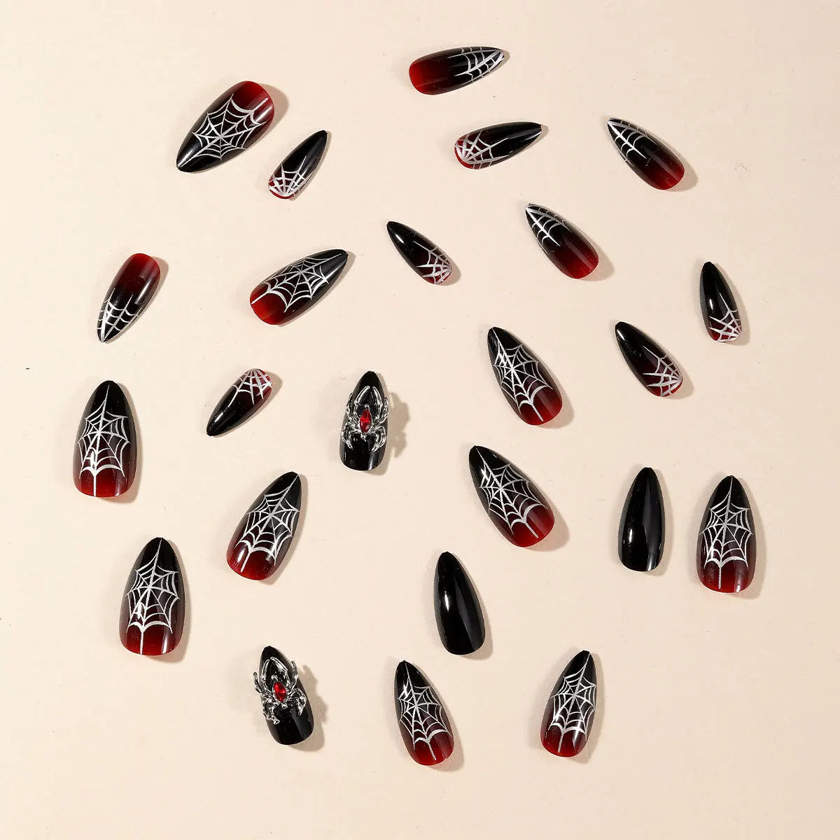 24Pcs Silver Spider Design Halloween Press-On Nails - Gothic Punk Almond False Nails