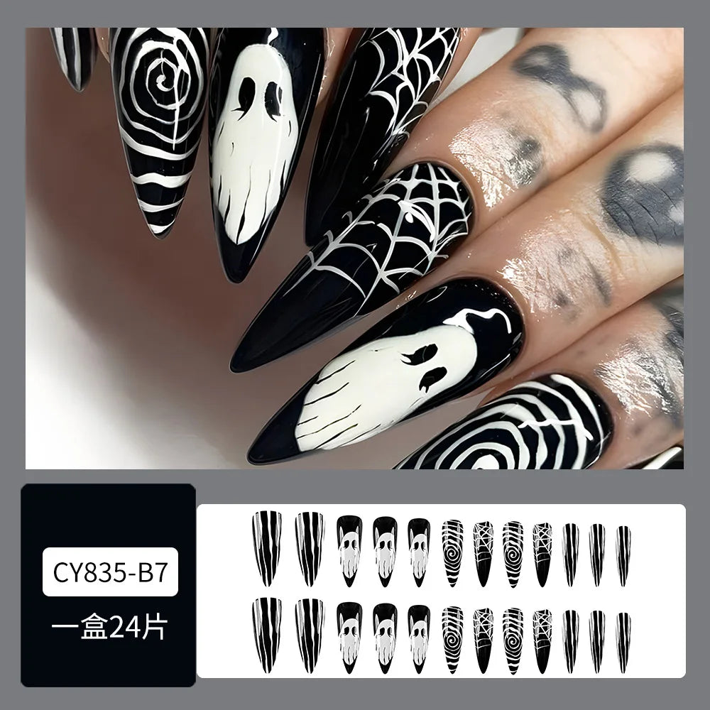 24 uñas postizas negras con diseño de telaraña fantasma, decoración en almendra, uñas postizas para usar en fiestas de Halloween.