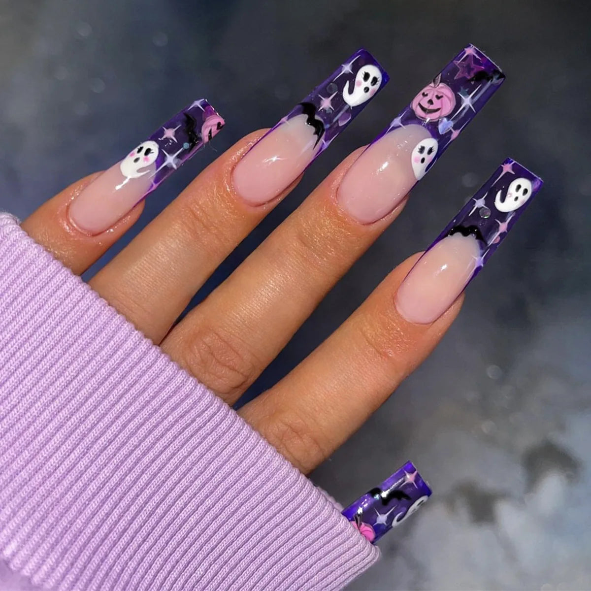 24pcs Halloween False Nails Glow in the Dark Ghost Spider Printed Press on Nail Halloween Manicure Supplies Wearable Fake Nails