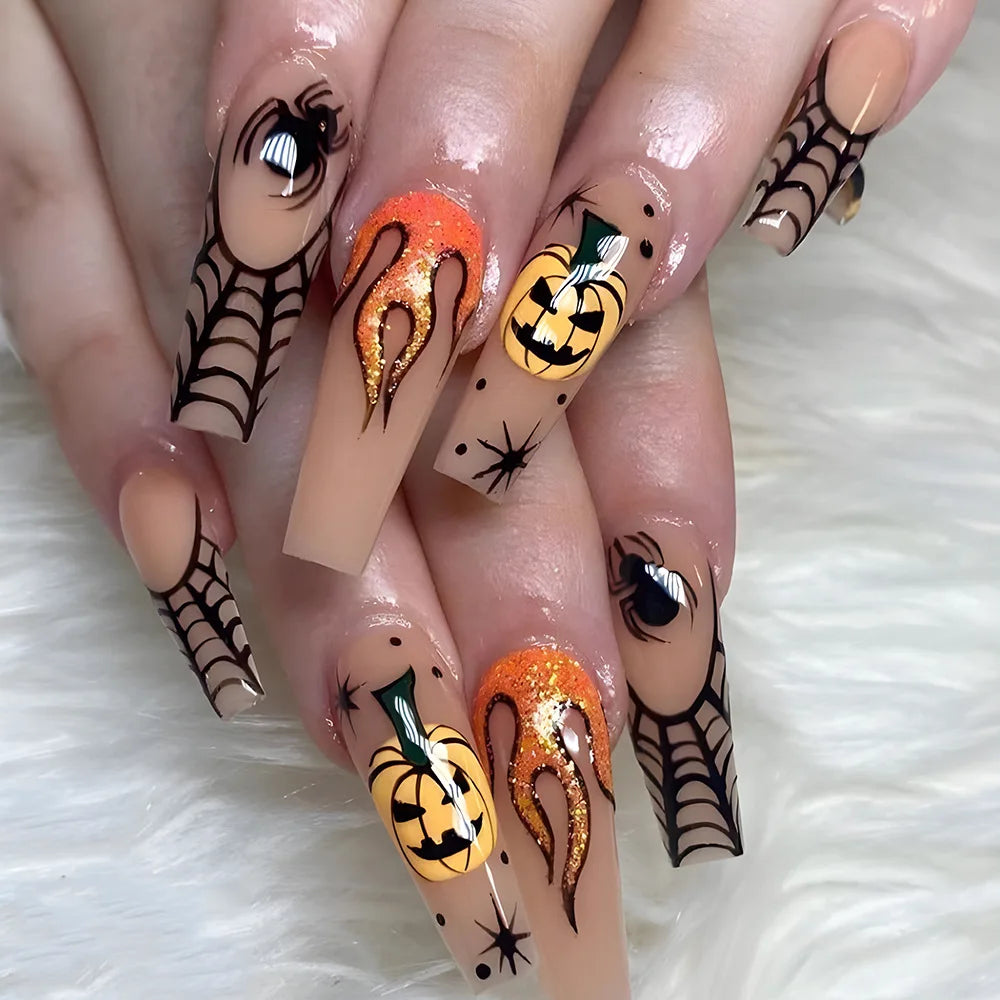 24 uñas postizas negras con diseño de telaraña fantasma, decoración en almendra, uñas postizas para usar en fiestas de Halloween.
