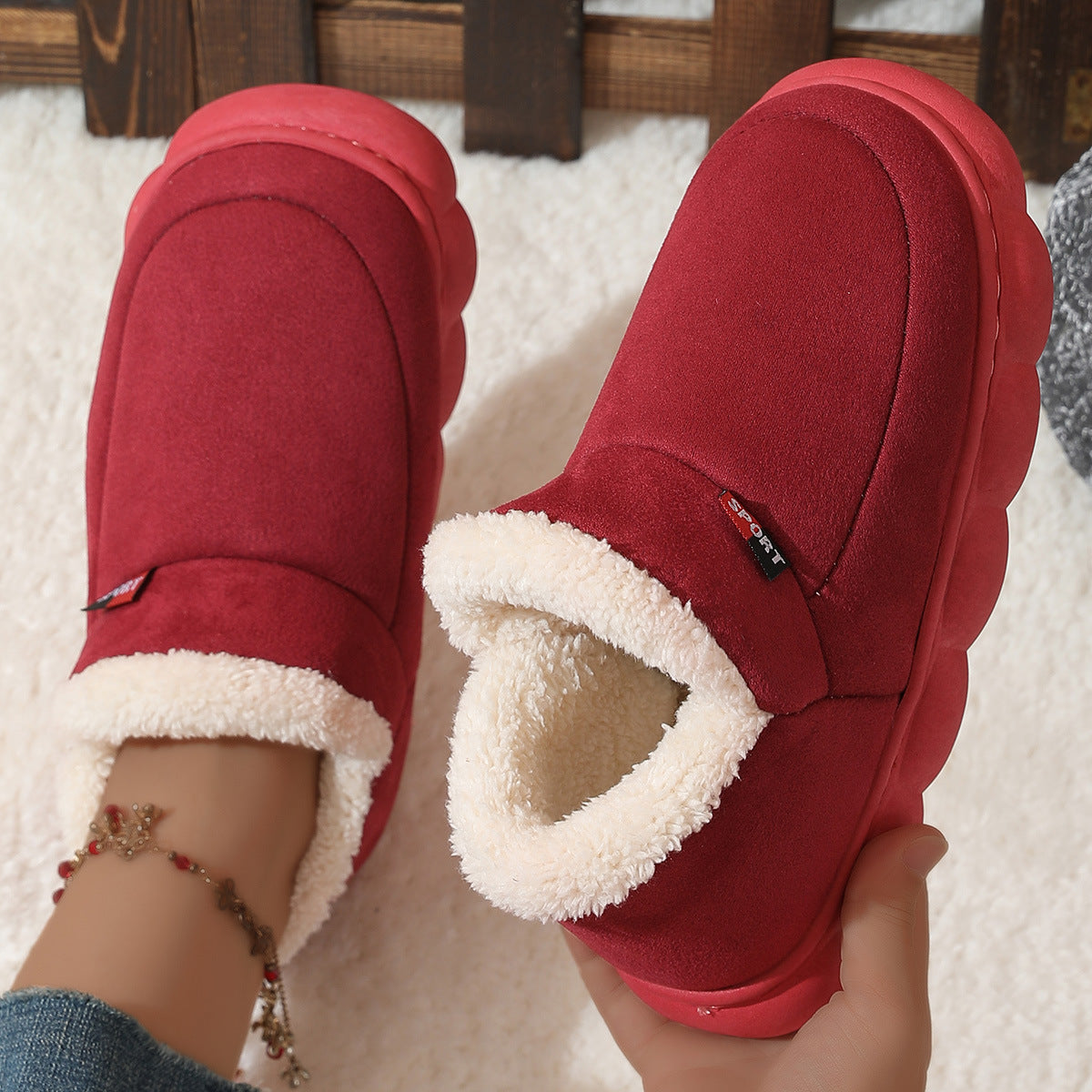Winter Plush Cotton Shoes Women Men Warm Suede House Shoes For Parents Solid Color Thick-soled Garden Shoes Outdoor - Bests Sale