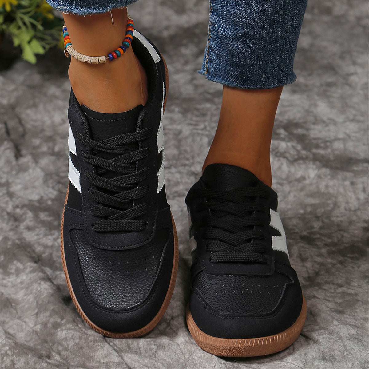 New Colorblock Lace-up Flats Shoes Fashion Round Toe Slip On Casual Shoes For Women - Bests Sale