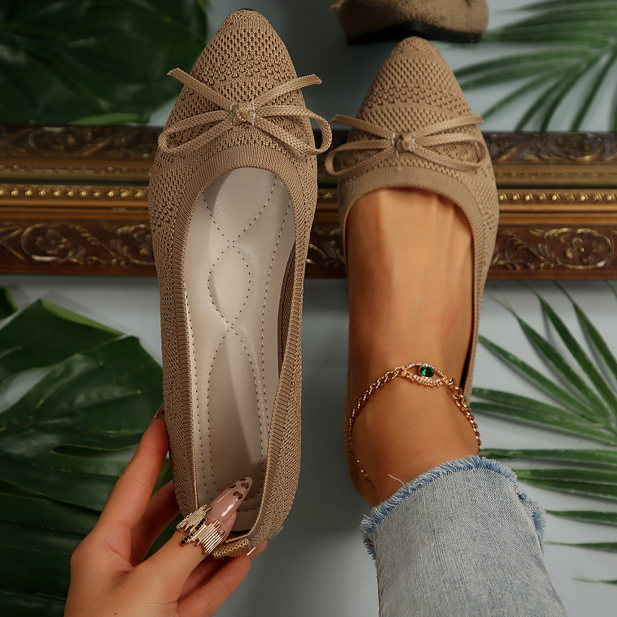 Bow Knitted Loafers Ins Fashion Pointed-toed Flats Shoes For Women - Bests Sale