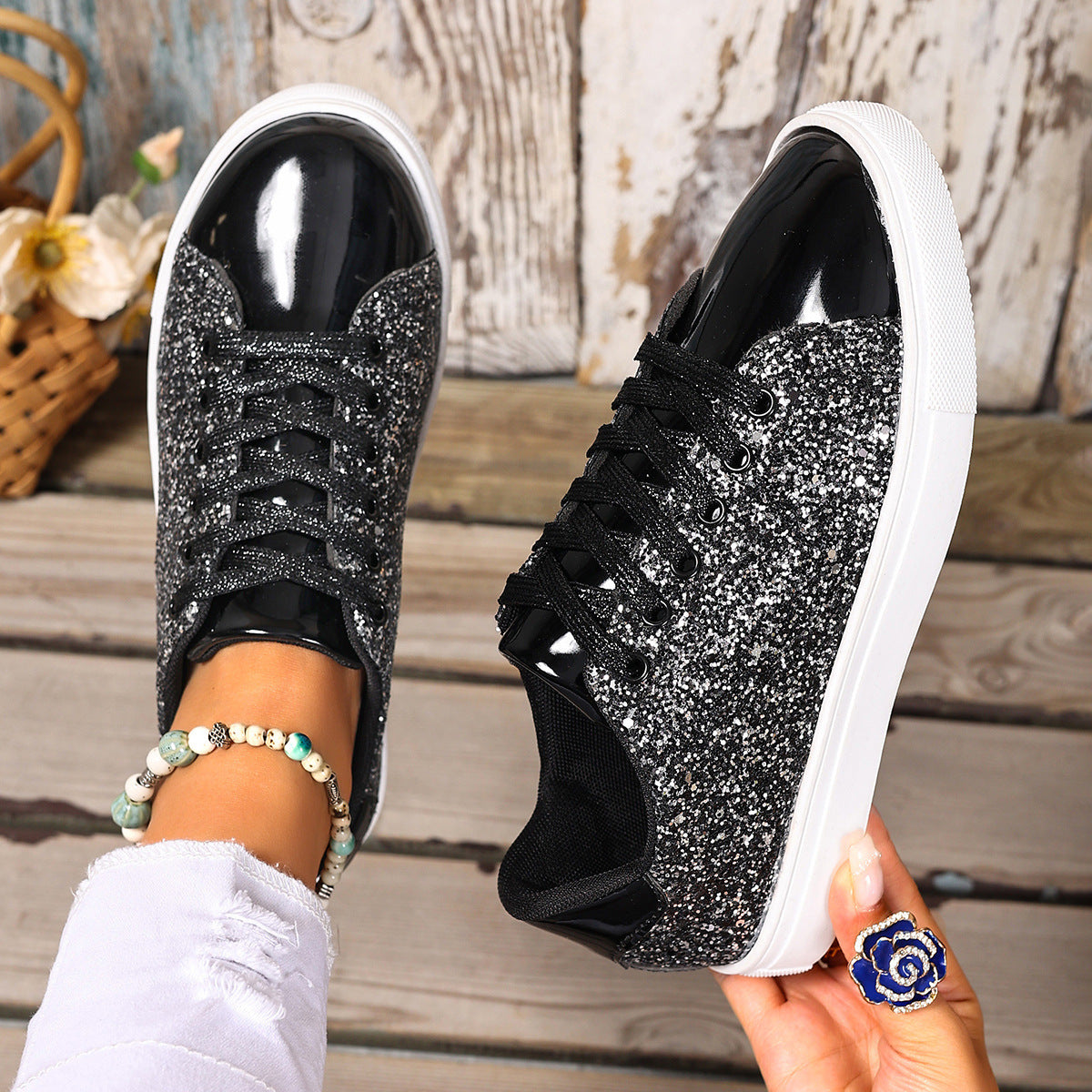 Plus Size Sequined Front Lace-up Solid Color Plus Size Board Shoes - Bests Sale
